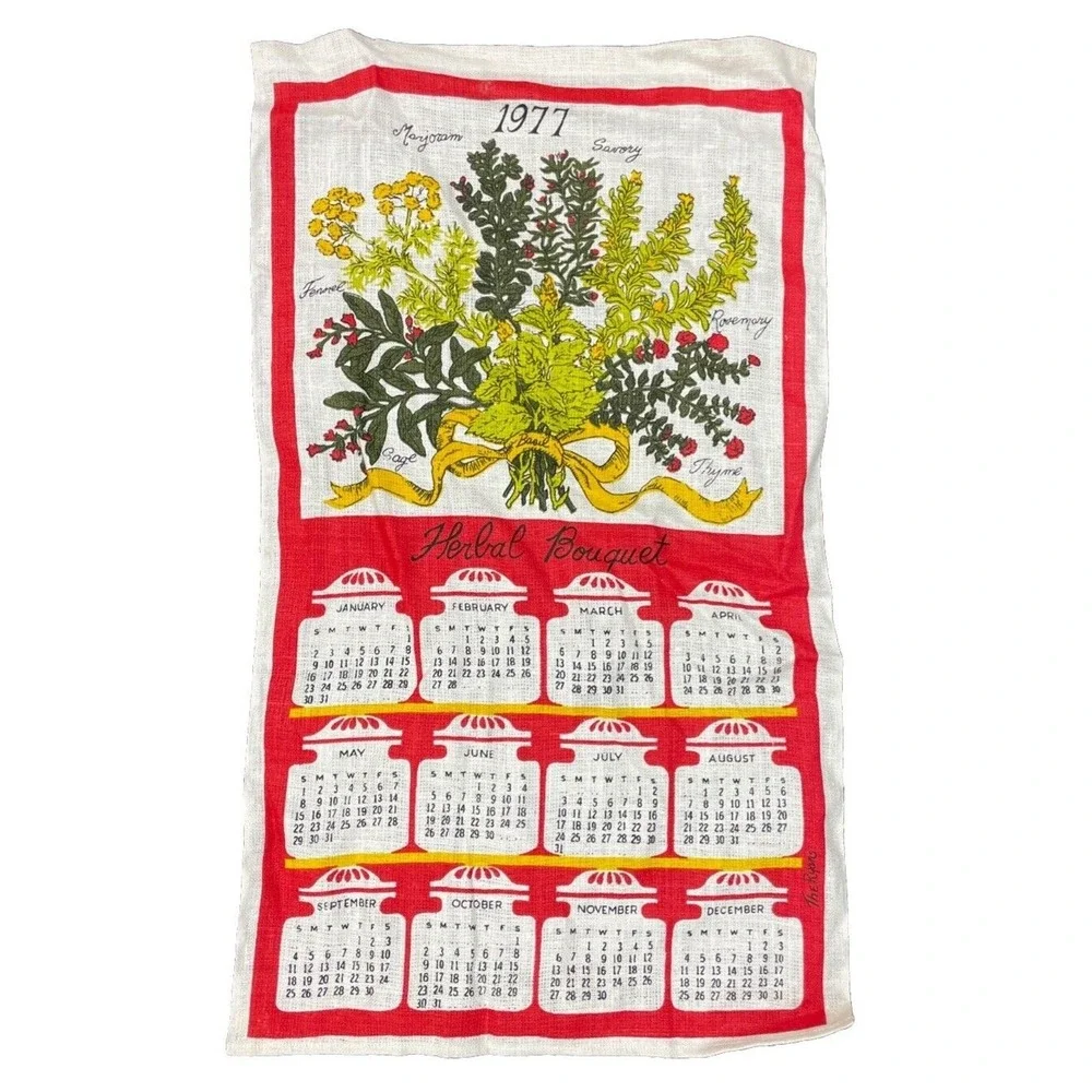 1977 Herbal Bouquet Cloth Calendar Kitchen Decor